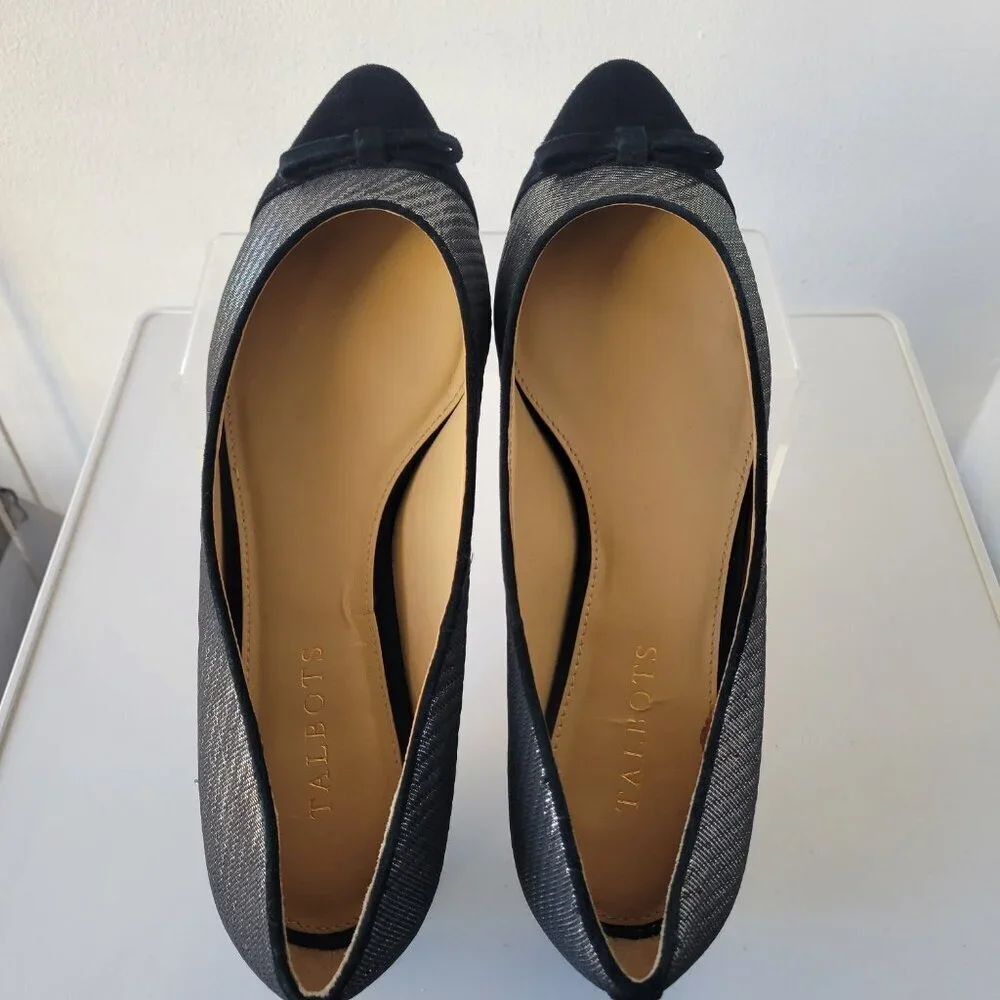 Talbots Edison Bow-Detail Black & Silver Flats - Lurex®  (Size 9.5)